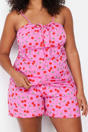 Kadın Moda Şık Büyük Beden Straplez Boru Paça Uzun Kol Pamuklu Kirazlı Örme Pijama Takımı