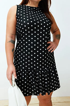 Yeni Rahat Günlük Kaşkorse Örme Bisiklet Yaka Kolsuz Kol Eteği Fırfırlı Mini Boy Büyük Beden Elbise