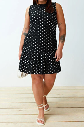 Yeni Rahat Günlük Kaşkorse Örme Bisiklet Yaka Kolsuz Kol Eteği Fırfırlı Mini Boy Büyük Beden Elbise