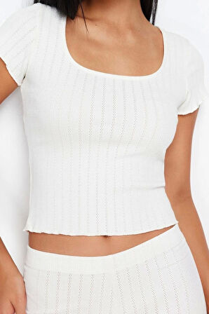 Kadın Pamuklu Kare Yaka Kısa Kol Fitilli Ajurlu Delikli Örme Pijama Takımı