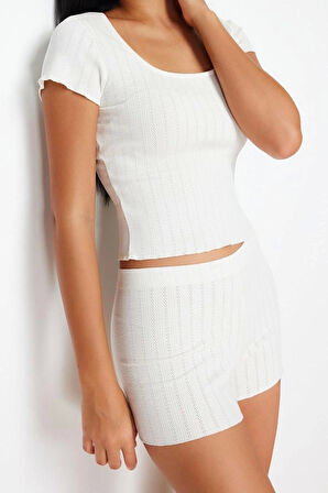 Kadın Pamuklu Kare Yaka Kısa Kol Fitilli Ajurlu Delikli Örme Pijama Takımı