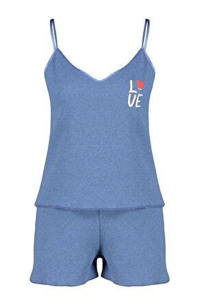 Kadın Pamuklu V Yaka Askılı Kol Pamuklu Dokulu Nakışlı İp Asklı Örme Pijama Takımı