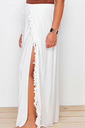 Kadın Moda Stil Maxi Astarsız Dokuma Büyük Beden Dokuma Püsküllü Yırtmaç Detaylı Plaj Giyim Etek