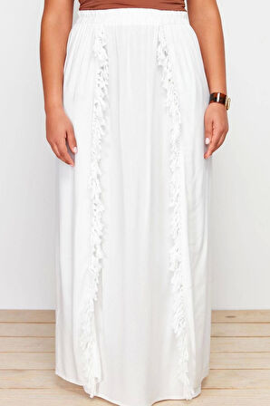Kadın Moda Stil Maxi Astarsız Dokuma Büyük Beden Dokuma Püsküllü Yırtmaç Detaylı Plaj Giyim Etek