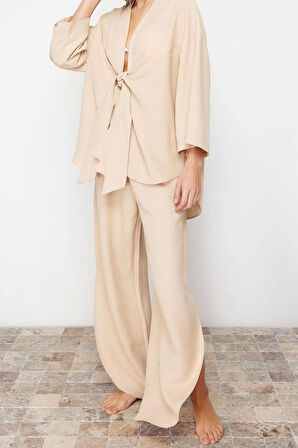 Kadın Moda Şık Regular Uzun Kollu Bej Dokuma Bağlamalı Keten karışımlı Gömlek Pantolon Takım
