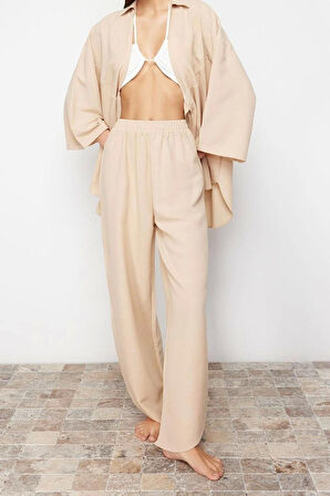 Kadın Moda Şık Regular Uzun Kollu Bej Dokuma Bağlamalı Keten karışımlı Gömlek Pantolon Takım