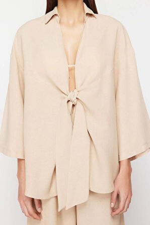 Kadın Moda Şık Regular Uzun Kollu Bej Dokuma Bağlamalı Keten karışımlı Gömlek Pantolon Takım