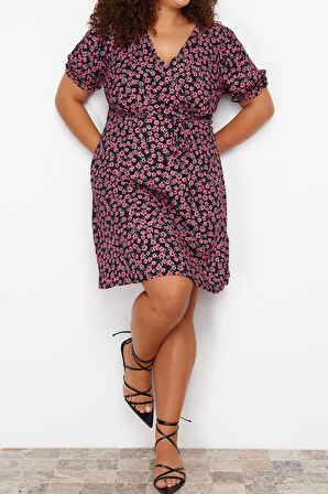 Yeni Fit Casual Günlük Shally Dokuma V Yaka Kısa Kol A-Line Mini Boy Büyük Beden Elbise