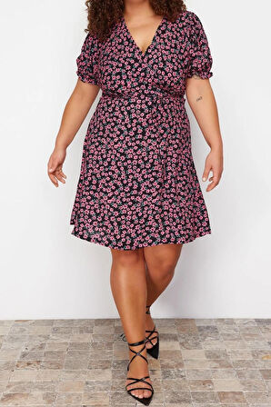 Yeni Fit Casual Günlük Shally Dokuma V Yaka Kısa Kol A-Line Mini Boy Büyük Beden Elbise