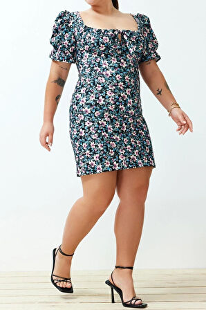 Yeni Rahat Casual Günlük Krep Dokuma Kalp Yaka Kısa Kol Basic Midi Boy Büyük Beden Elbise