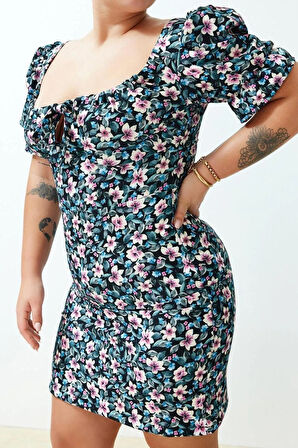 Yeni Rahat Casual Günlük Krep Dokuma Kalp Yaka Kısa Kol Basic Midi Boy Büyük Beden Elbise