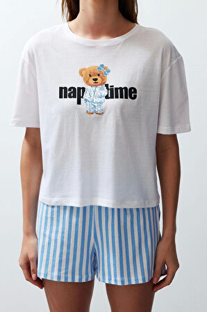 Kadın Moda Şık Bisiklet Yaka Boru Paça Kısa Kol Kadın %100 Pamuklu Çizgili Örme Pijama Takımı