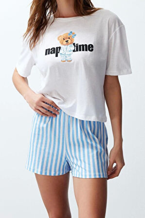 Kadın Moda Şık Bisiklet Yaka Boru Paça Kısa Kol Kadın %100 Pamuklu Çizgili Örme Pijama Takımı
