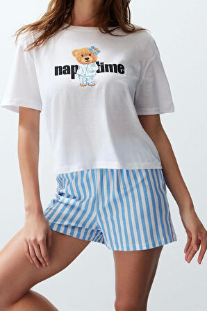 Kadın Moda Şık Bisiklet Yaka Boru Paça Kısa Kol Kadın %100 Pamuklu Çizgili Örme Pijama Takımı
