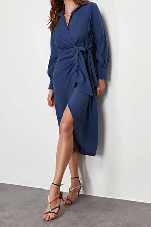 Yeni Kruvaze Casual Günlük Yenil Kumaş Dokuma Kruvaze Uzun Kol Kruvaze Midi Boy Elbise