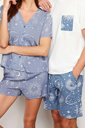 Erkek %100 Pamuk Bisiklet Yaka Kısa Kol Mavi Baskılı Regular Fit Couple Örme Şortlu Pijama Takımı