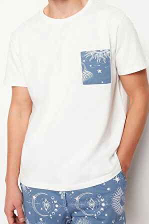 Erkek %100 Pamuk Bisiklet Yaka Kısa Kol Mavi Baskılı Regular Fit Couple Örme Şortlu Pijama Takımı