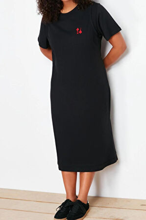 Yeni Fit Casual Günlük Süprem Örme Bisiklet Yaka Kısa Kol T-Shirt Elbise Midi Boy Büyük Beden Elbise