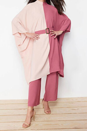 Kadın Moda Şık Geniş Paça Midi Boy Uzun Kollu Renk Bloklu Beli Kemerli Tunik-Pantolon Dokuma Takım