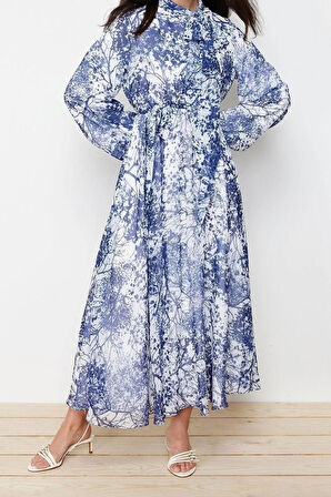 Yeni Regular Şık Abiye Gece Şifon Dokuma Dik Yaka Uzun Kol A-Line Maxi Boy Tesettür Elbise