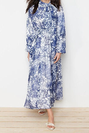 Yeni Regular Şık Abiye Gece Şifon Dokuma Dik Yaka Uzun Kol A-Line Maxi Boy Tesettür Elbise