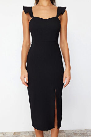 Yeni Fit Mezuniyet Balo Finike Dokuma Kalp Yaka Askılı Kol Bodycone Midi Boy Elbise