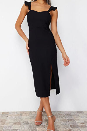 Yeni Fit Mezuniyet Balo Finike Dokuma Kalp Yaka Askılı Kol Bodycone Midi Boy Elbise