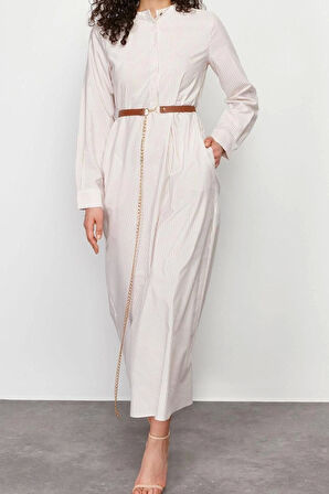 Yeni Regular Casual Günlük Terrycotton Dokuma Hakim Yaka Uzun Kol A-Line Maxi Boy Tesettür Elbise