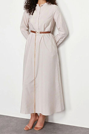 Yeni Regular Casual Günlük Terrycotton Dokuma Hakim Yaka Uzun Kol A-Line Maxi Boy Tesettür Elbise