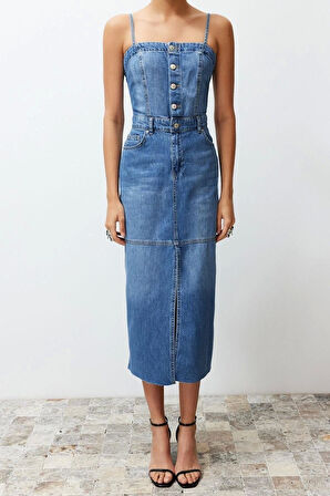 Yeni Fit Casual Günlük Rigid Denim Kare Yaka Askılı Kol Basic Maxi Boy Elbise