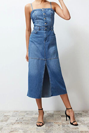 Yeni Fit Casual Günlük Rigid Denim Kare Yaka Askılı Kol Basic Maxi Boy Elbise