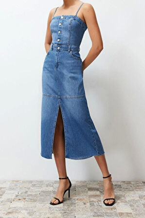 Yeni Fit Casual Günlük Rigid Denim Kare Yaka Askılı Kol Basic Maxi Boy Elbise