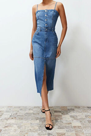 Yeni Fit Casual Günlük Rigid Denim Kare Yaka Askılı Kol Basic Maxi Boy Elbise