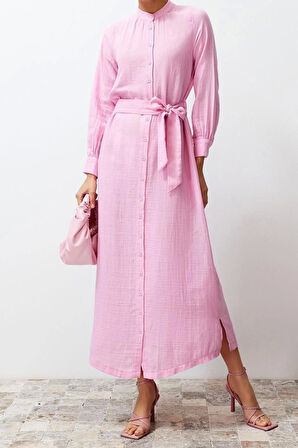 Yeni Regular Casual Günlük Müslin Dokuma Bisiklet Yaka Uzun Kol Shift Maxi Boy Tesettür Elbise