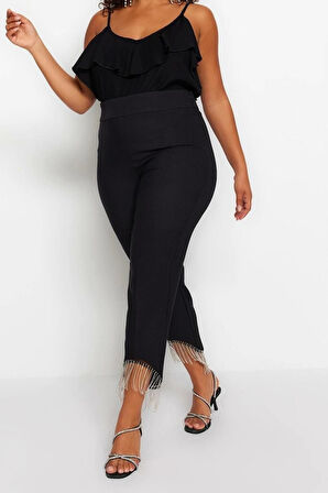 Kadın Yeni Moda Büyük Beden Boru Paça Uzun Boy Dokuma Paçası Taş Detaylı Pantolon