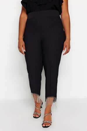 Kadın Yeni Moda Büyük Beden Boru Paça Uzun Boy Dokuma Paçası Taş Detaylı Pantolon