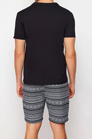 Erkek %100 Pamuk Bisiklet Yaka Kısa Kol Regular Fit Etnik Desenli Örme Şortlu Pijama Takımı