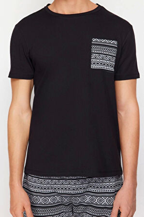 Erkek %100 Pamuk Bisiklet Yaka Kısa Kol Regular Fit Etnik Desenli Örme Şortlu Pijama Takımı