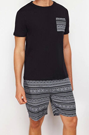 Erkek %100 Pamuk Bisiklet Yaka Kısa Kol Regular Fit Etnik Desenli Örme Şortlu Pijama Takımı