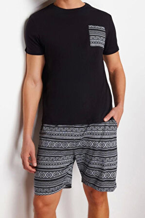 Erkek %100 Pamuk Bisiklet Yaka Kısa Kol Regular Fit Etnik Desenli Örme Şortlu Pijama Takımı