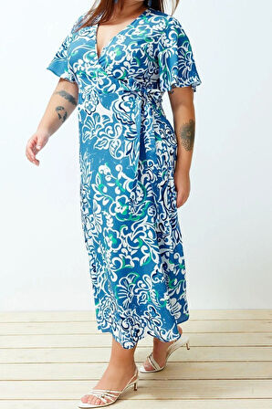 Yeni Rahat Casual Günlük Shally Dokuma Kruvaze Kısa Kol Anvelop Maxi Boy Büyük Beden Elbise