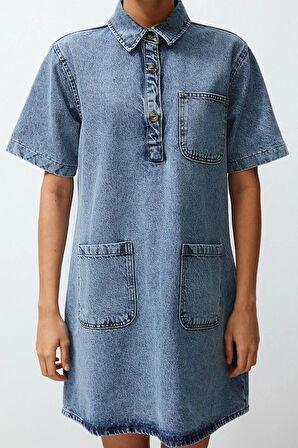 Yeni Regular Casual Günlük Rigid Denim Kare Yaka Kısa Kol Gömlek Elbise Mini Boy Elbise