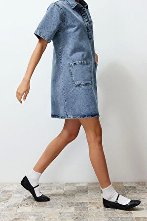Yeni Regular Casual Günlük Rigid Denim Kare Yaka Kısa Kol Gömlek Elbise Mini Boy Elbise