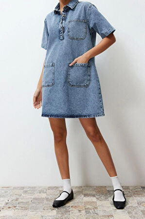 Yeni Regular Casual Günlük Rigid Denim Kare Yaka Kısa Kol Gömlek Elbise Mini Boy Elbise