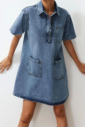 Yeni Regular Casual Günlük Rigid Denim Kare Yaka Kısa Kol Gömlek Elbise Mini Boy Elbise