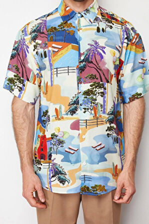 Erkek Moda Kısa Kol Dokuma Çok Renkli Oversize Fit %100 Viskon Baskılı  Dökümlü Yazlık Gömlek