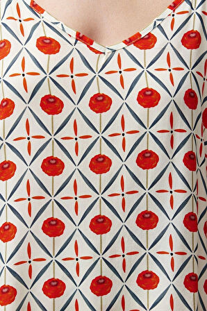 Kadın Viskon V Yaka Askılı Kol Etnik Desenli İp Askılı Viskon Dokuma Pijama Takımı