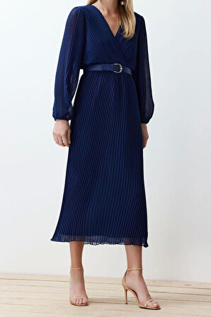 Yeni Regular Gündüz Gece Şifon Dokuma Kruvaze Uzun Kol A-Line Maxi Boy Elbise