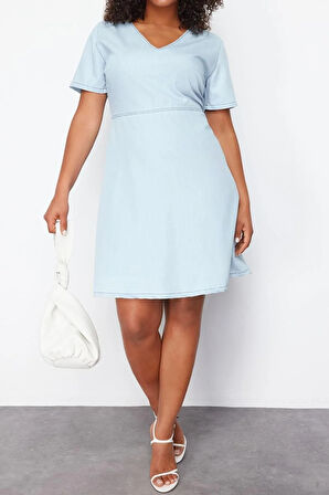 Yeni Rahat Casual Günlük Rigid Denim V Yaka Kısa Kol A-Line Mini Boy Büyük Beden Elbise