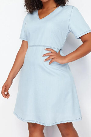 Yeni Rahat Casual Günlük Rigid Denim V Yaka Kısa Kol A-Line Mini Boy Büyük Beden Elbise